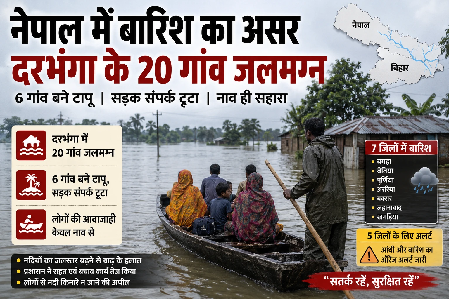 नेपाल में भारी बारिश का असर: दरभंगा के 20 गांवों में नाव ही सहारा, 6 गांव बने टापू; 7 जिलों में बारिश, 5 जिलों के लिए अलर्ट