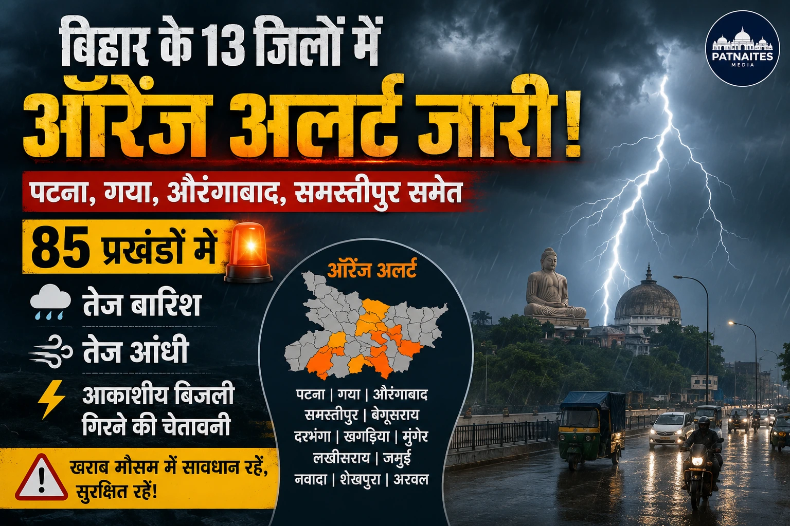 बिहार के 13 जिलों में ऑरेंज अलर्ट जारी: पटना, गया समेत 85 प्रखंडों में तेज बारिश और वज्रपात की चेतावनी