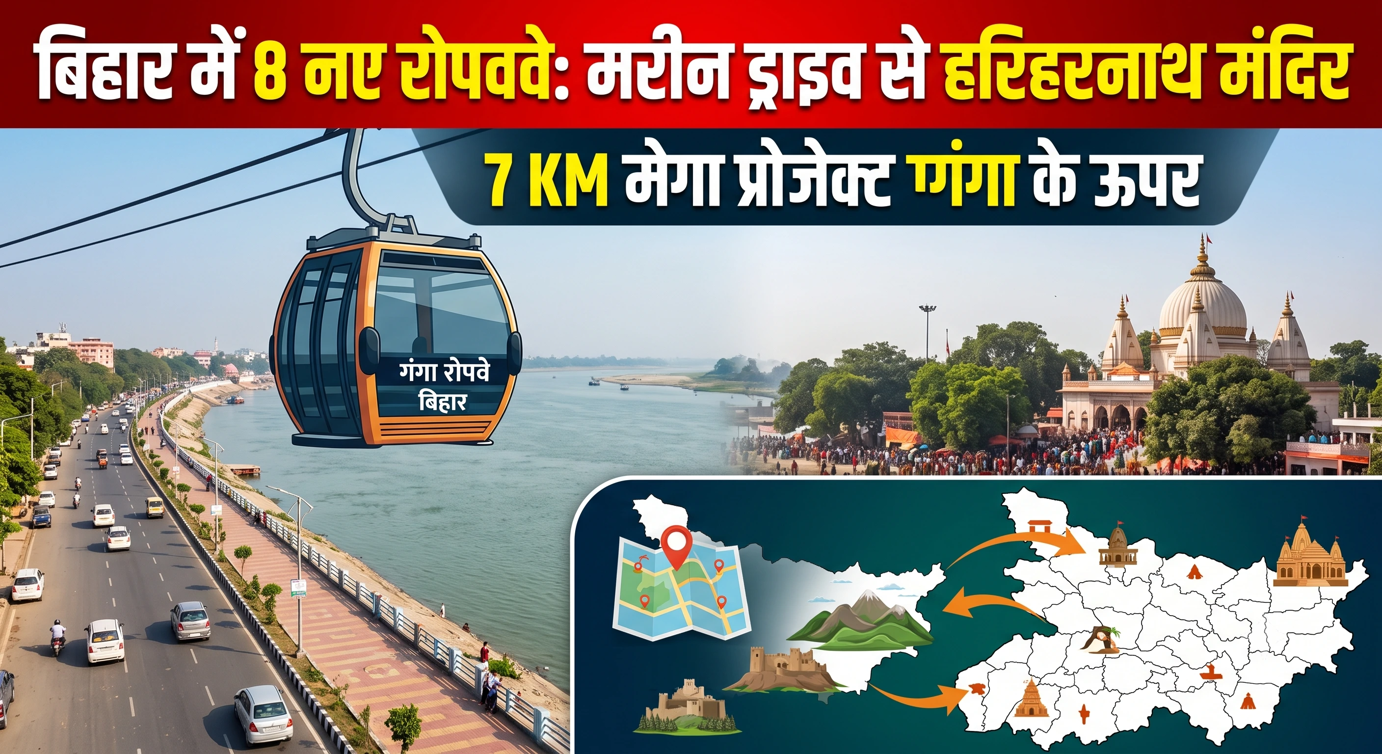 बिहार में बनेंगे 8 रोपवे, गंगा पर 7 KM का मेगा प्रोजेक्ट तैयार; मरीन ड्राइव से हरिहरनाथ मंदिर तक हवा में सफर