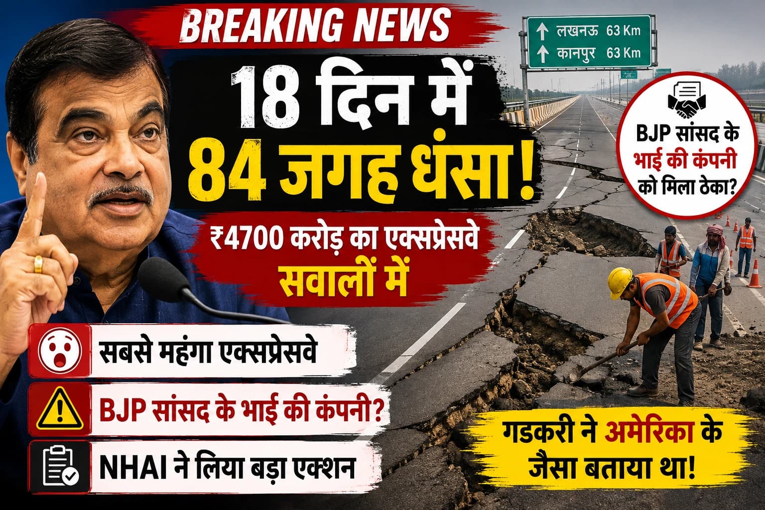 - सबसे महंगा एक्सप्रेसवे 18 दिन में 84 जगह धंसा:गडकरी ने अमेरिका के जैसा बताया था; BJP सांसद के भाई की कंपनी को ठेका मिला